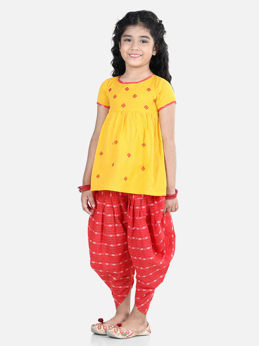 Yellow Embroidered Kurta With Red Katha Printed Dhoti