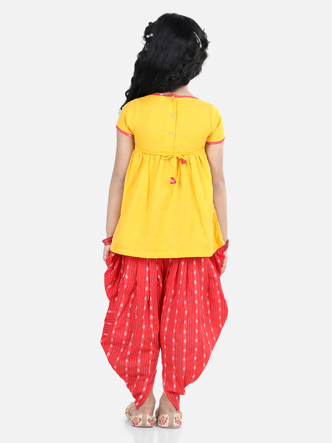 Yellow Embroidered Kurta With Red Katha Printed Dhoti