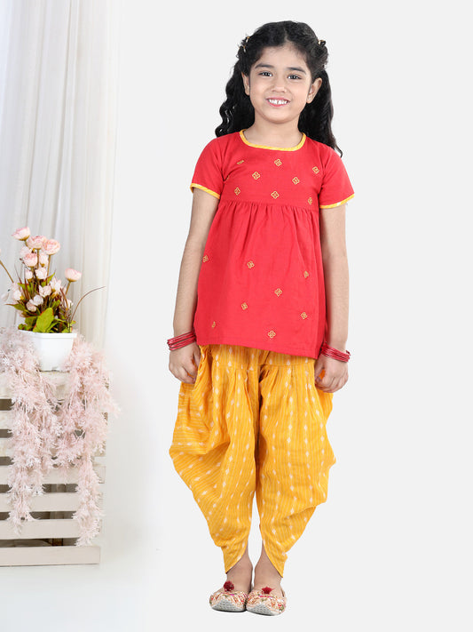 Red embroidered kurta with yellow katha printed dhoti