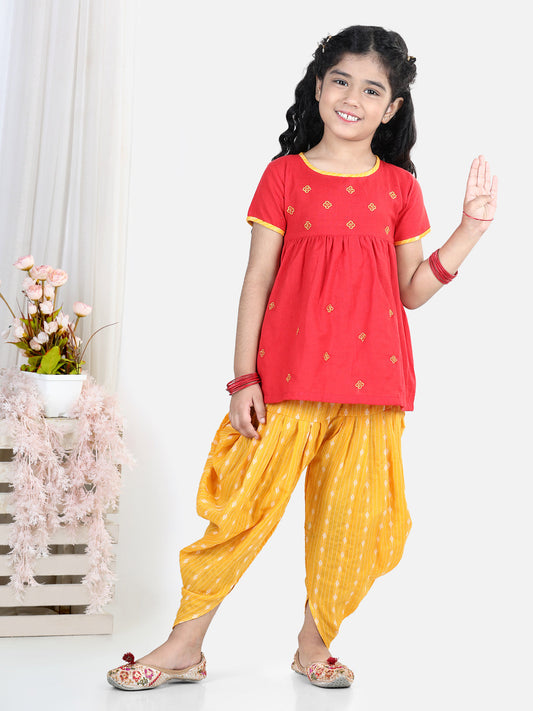 Red embroidered kurta with yellow katha printed dhoti