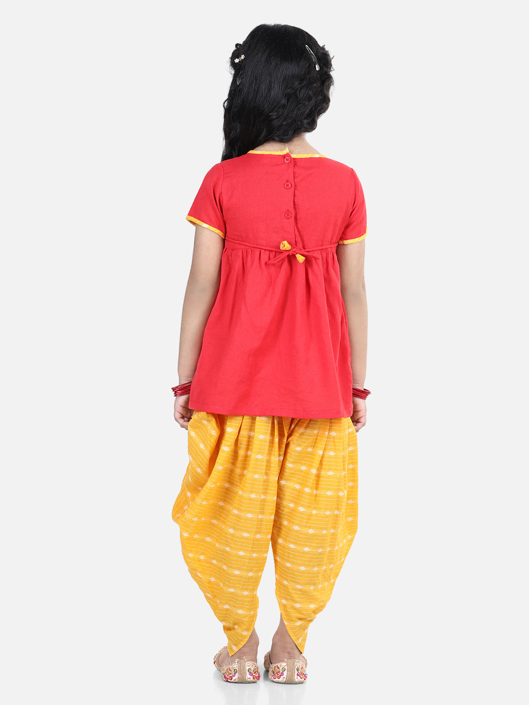 Red embroidered kurta with yellow katha printed dhoti