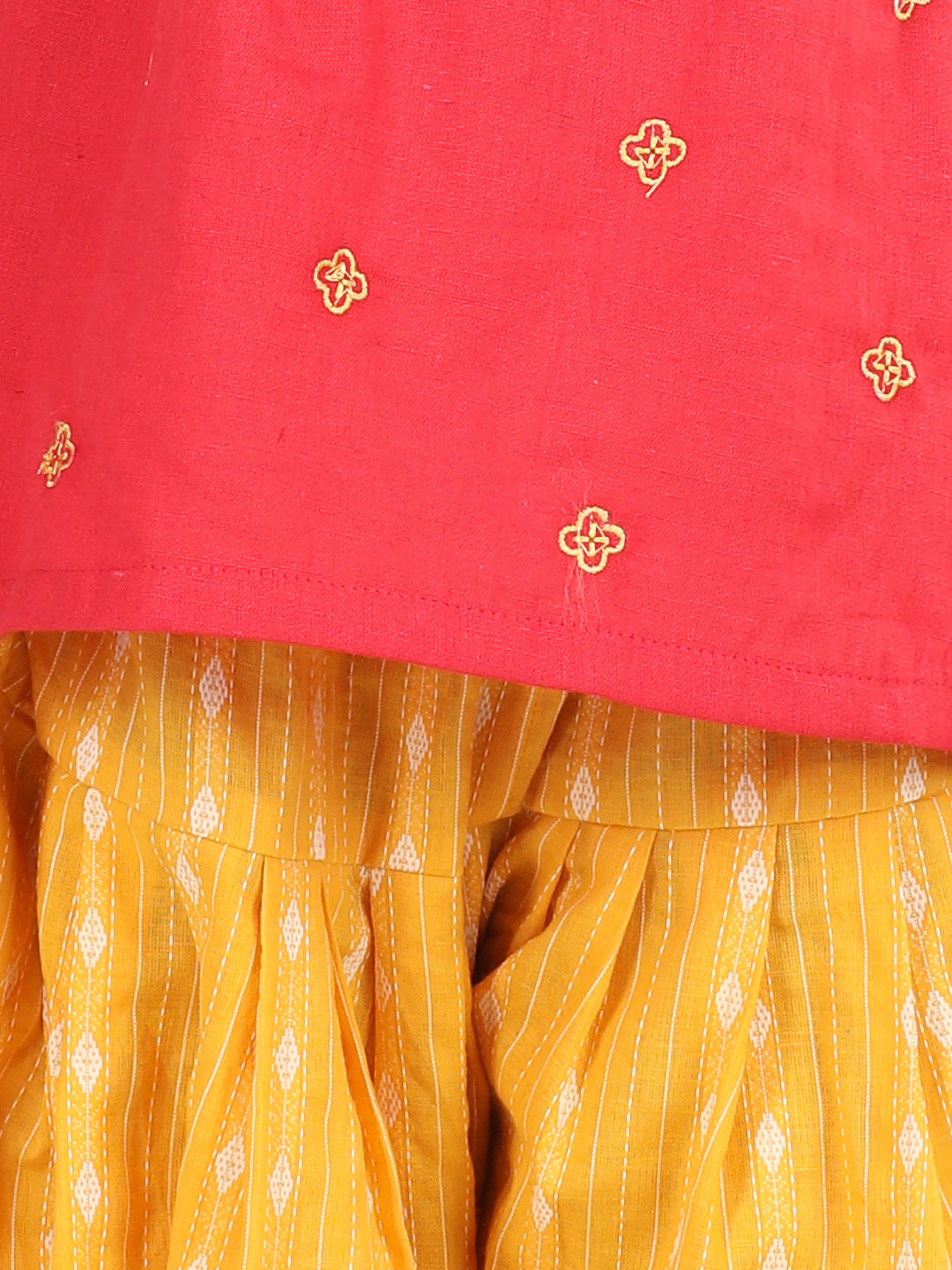 Red embroidered kurta with yellow katha printed dhoti