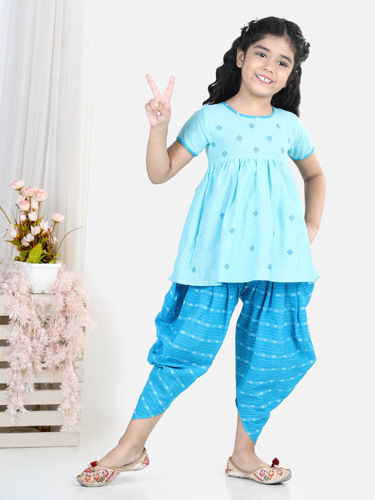Blue Embroidered Kurta With Katha Printed Dhoti