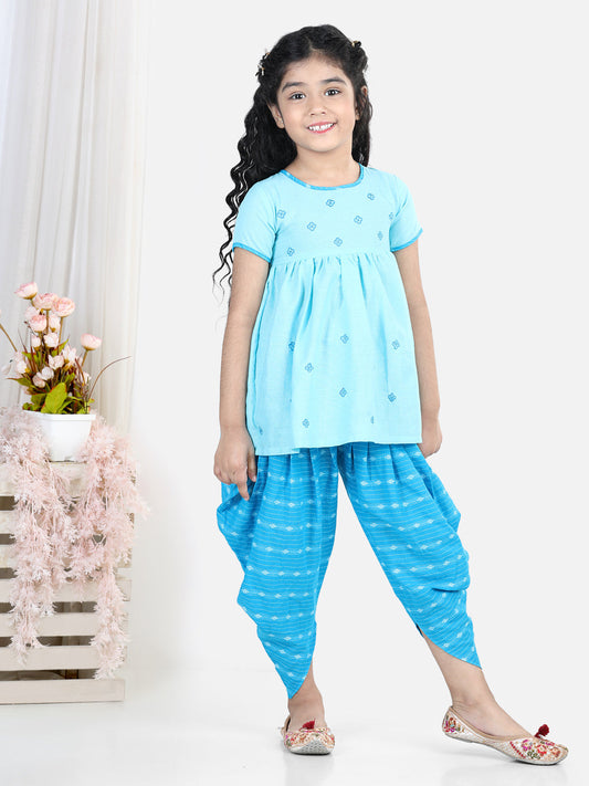 Blue Embroidered Kurta With Katha Printed Dhoti