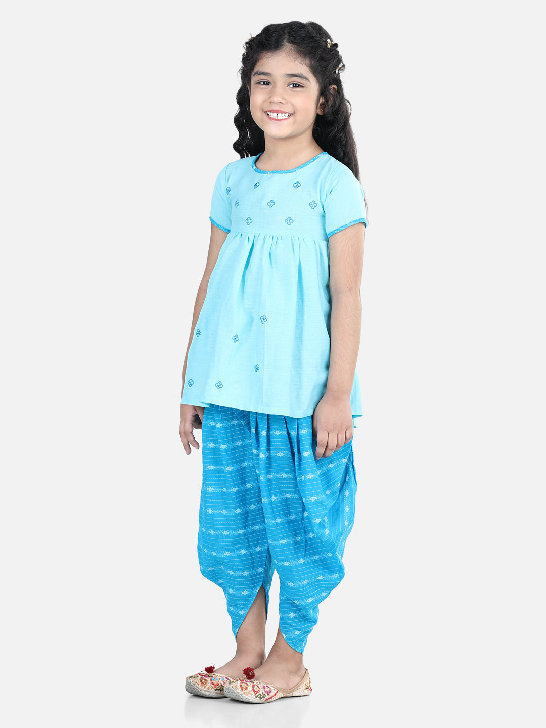 Blue Embroidered Kurta With Katha Printed Dhoti