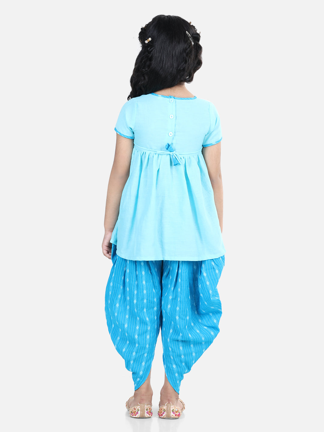 Blue Embroidered Kurta With Katha Printed Dhoti