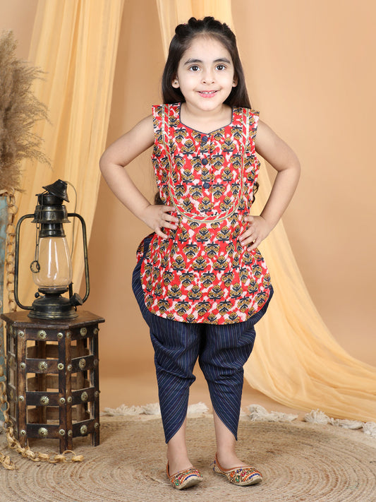 Red Prented Kurti and Malti Blue Dhoti