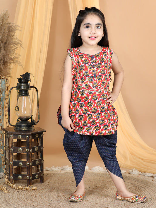 Red Prented Kurti and Malti Blue Dhoti