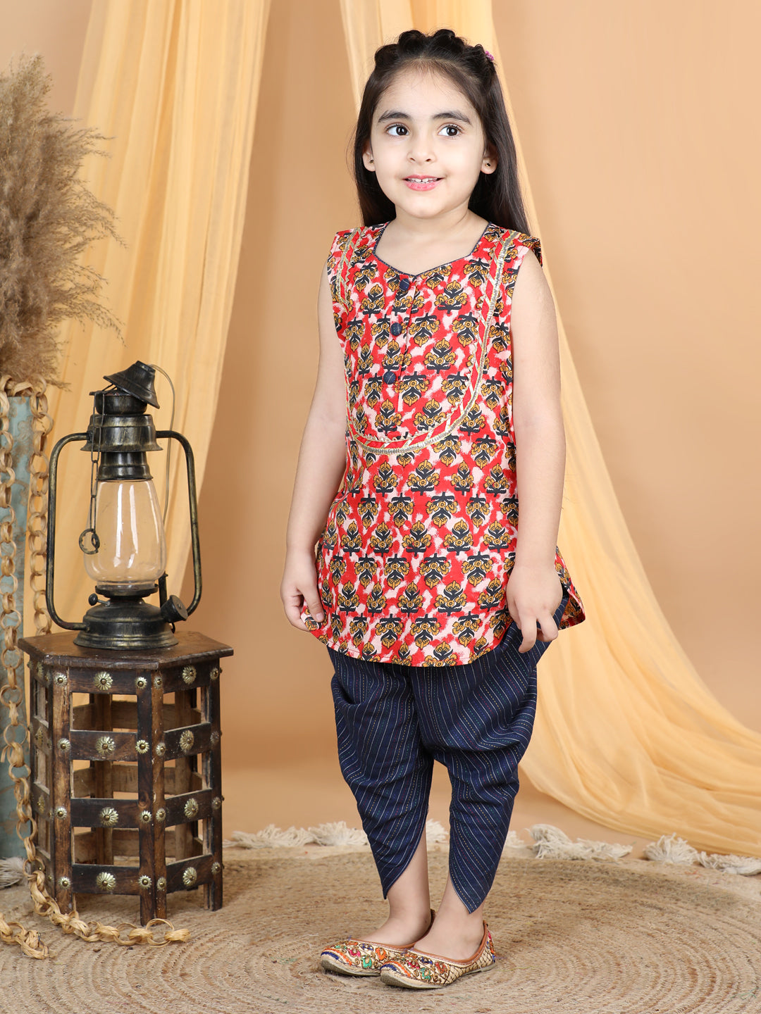 Red Prented Kurti and Malti Blue Dhoti