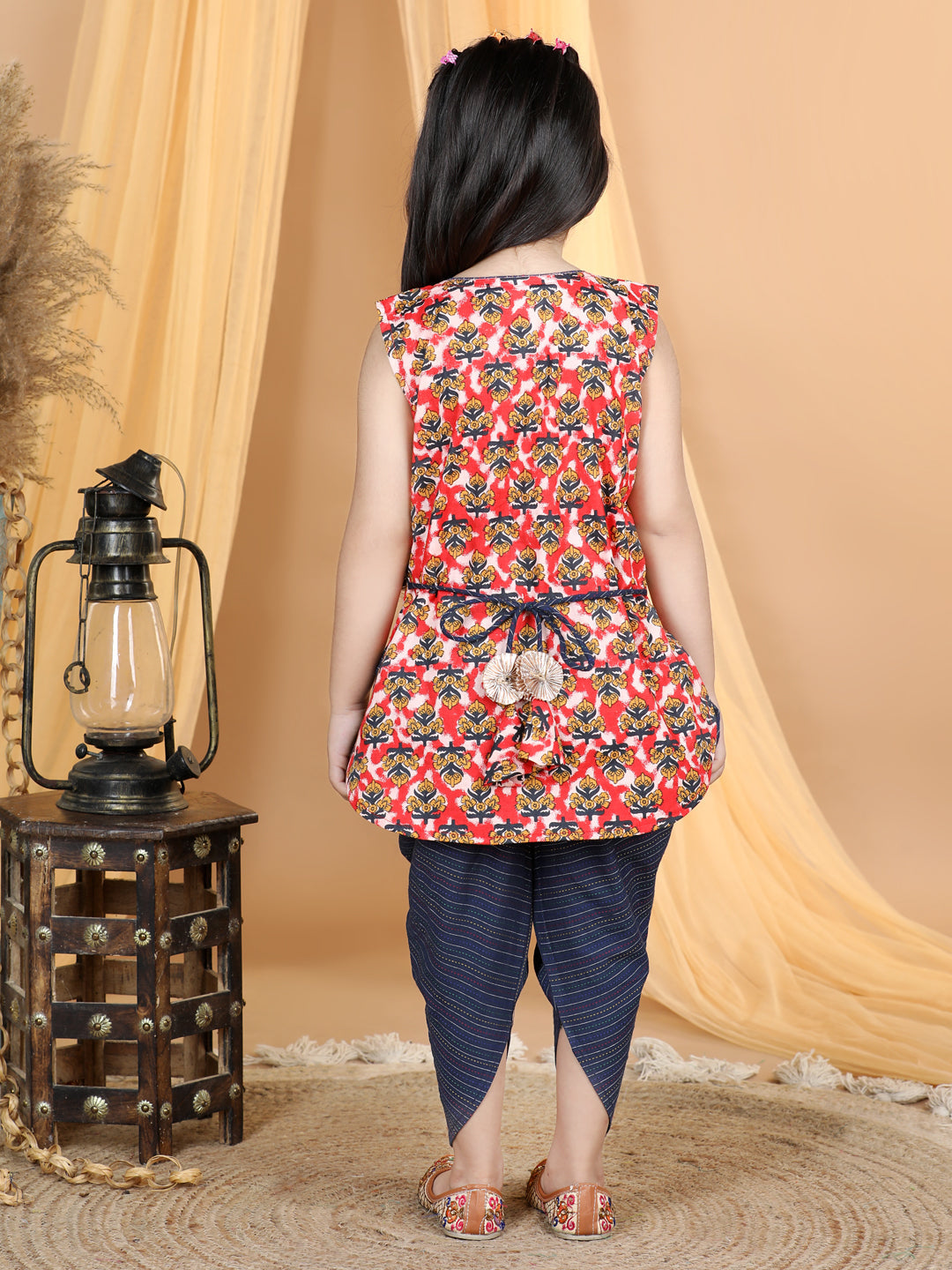 Red Prented Kurti and Malti Blue Dhoti