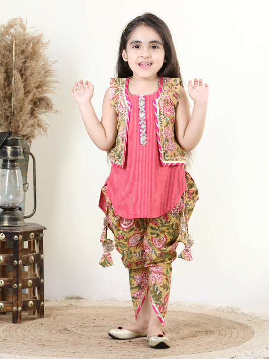 Floral printed dhoti and Jacket and Lace worked Kurti- Green, Peach