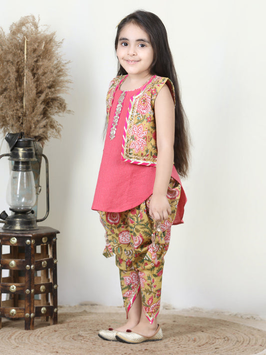 Floral printed dhoti and Jacket and Lace worked Kurti- Green, Peach
