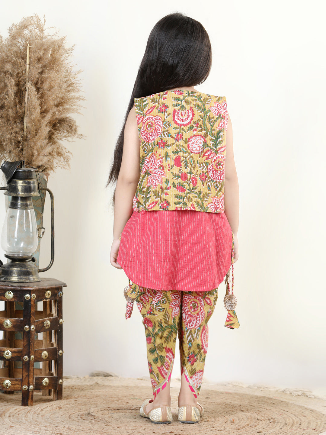 Floral printed dhoti and Jacket and Lace worked Kurti- Green, Peach