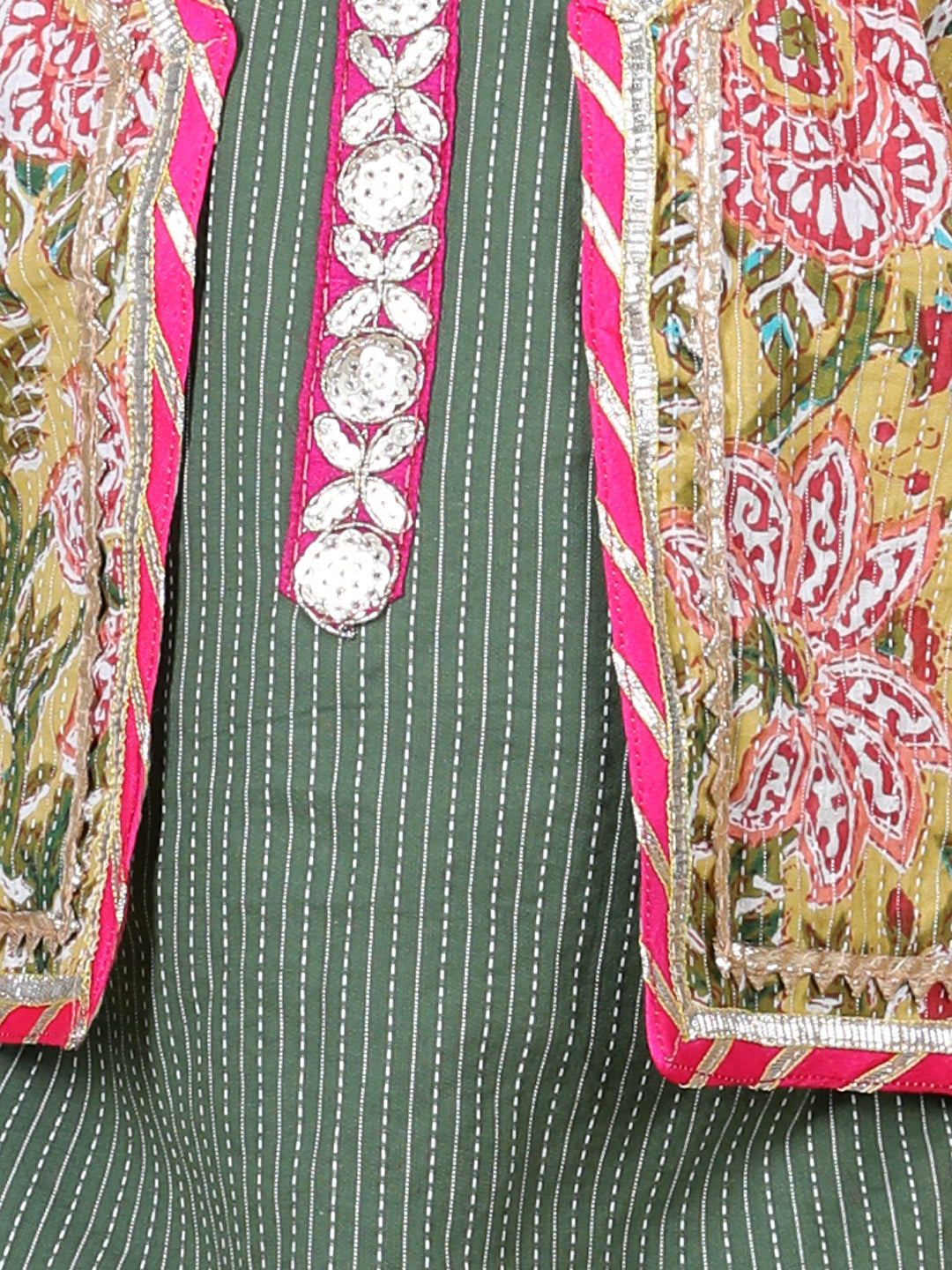 Floral printed dhoti and Jacket and Lace worked Kurti- Green