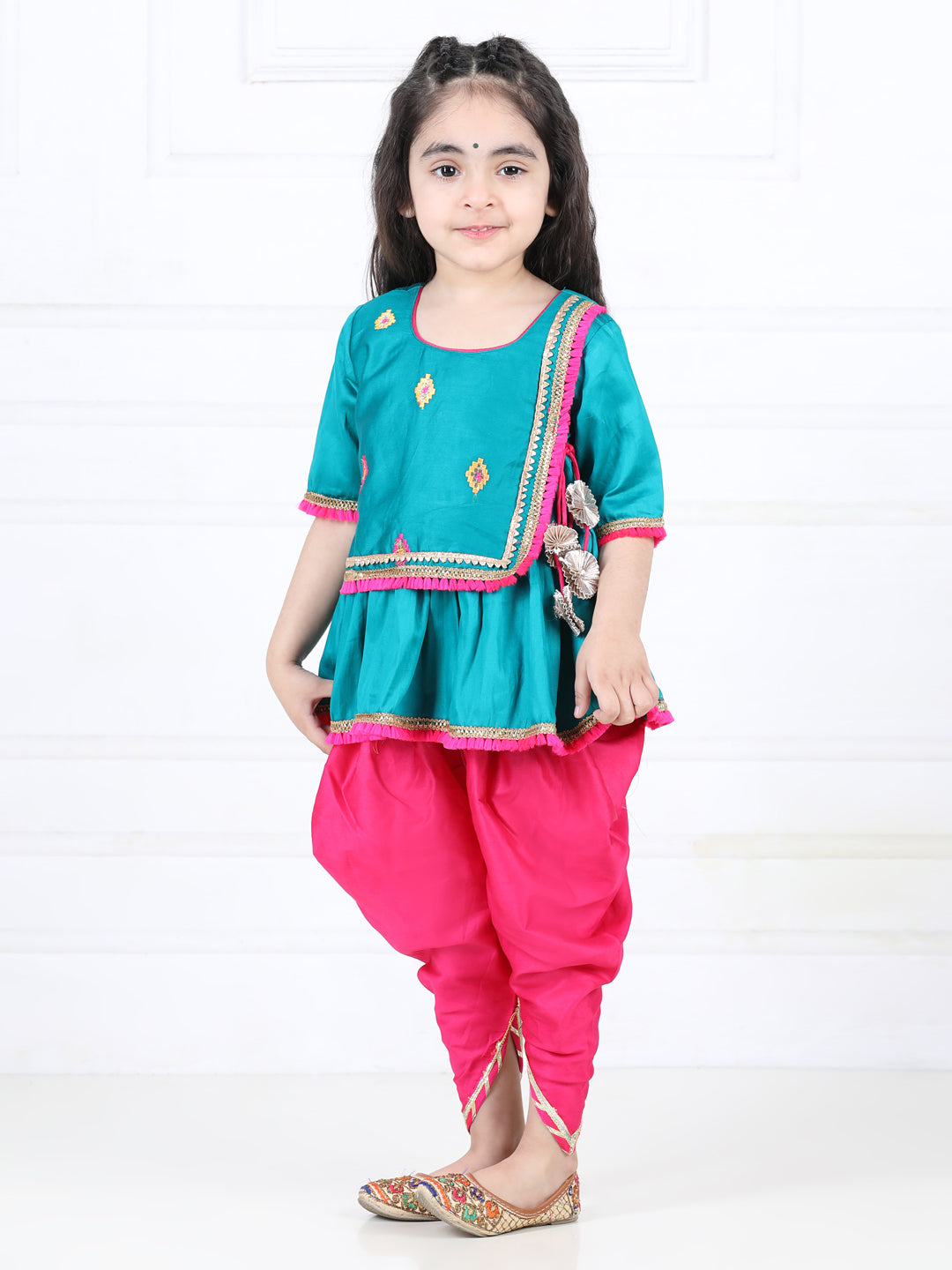 Green Embroidered Lace Detailed Angrakha Kurta and Dhoti