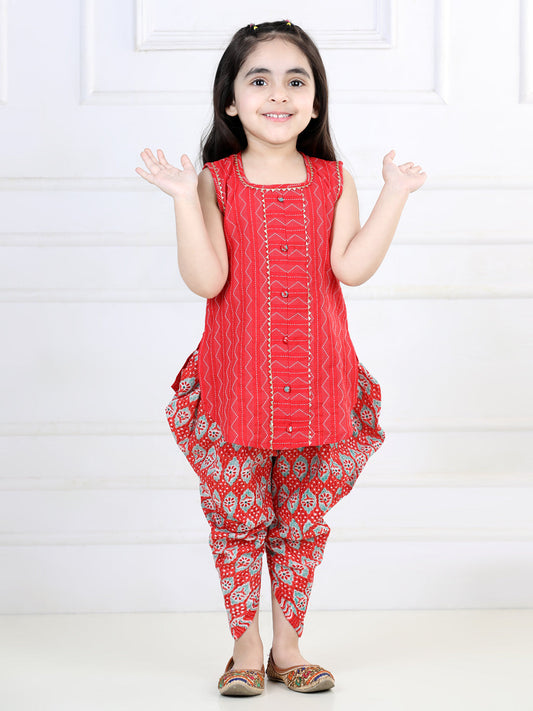Red Katha Sleeveless Kurta with Printed Dhoti