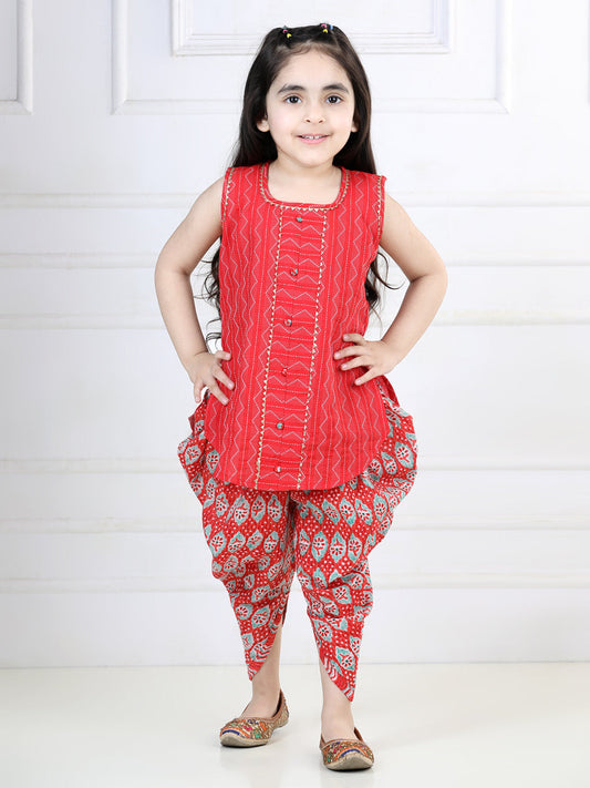 Red Katha Sleeveless Kurta with Printed Dhoti