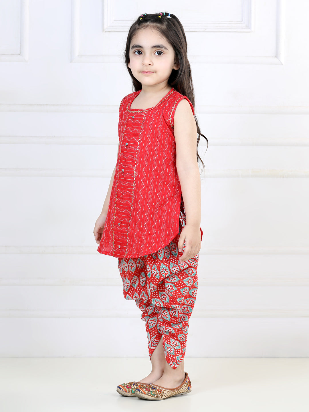 Red Katha Sleeveless Kurta with Printed Dhoti