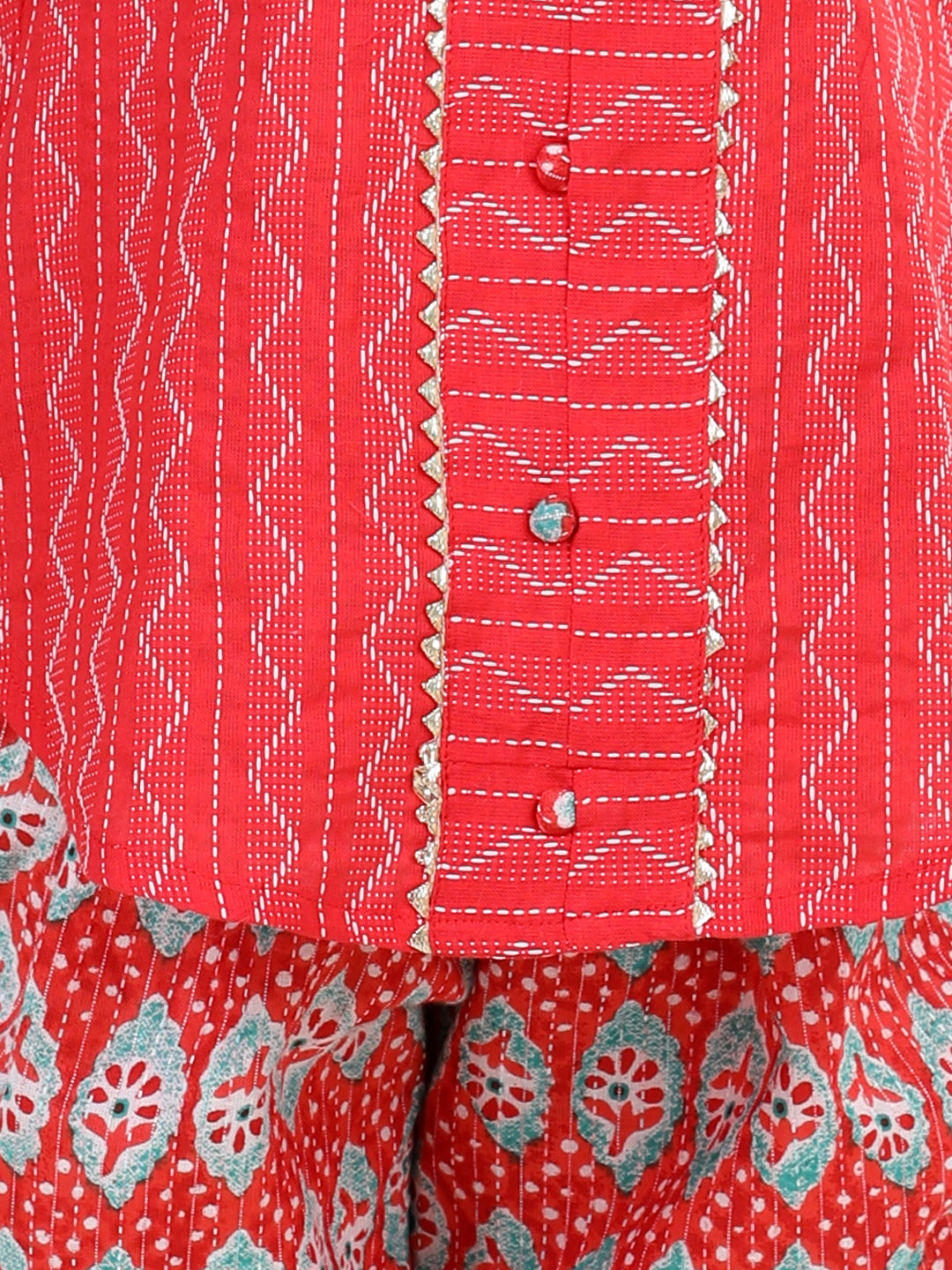 Red Katha Sleeveless Kurta with Printed Dhoti