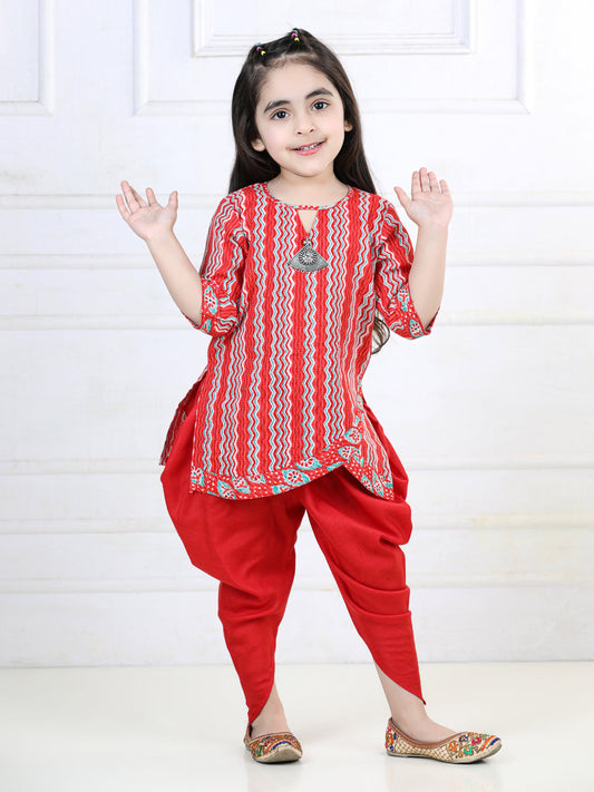 Red Katha Printed Kurta with Dhoti