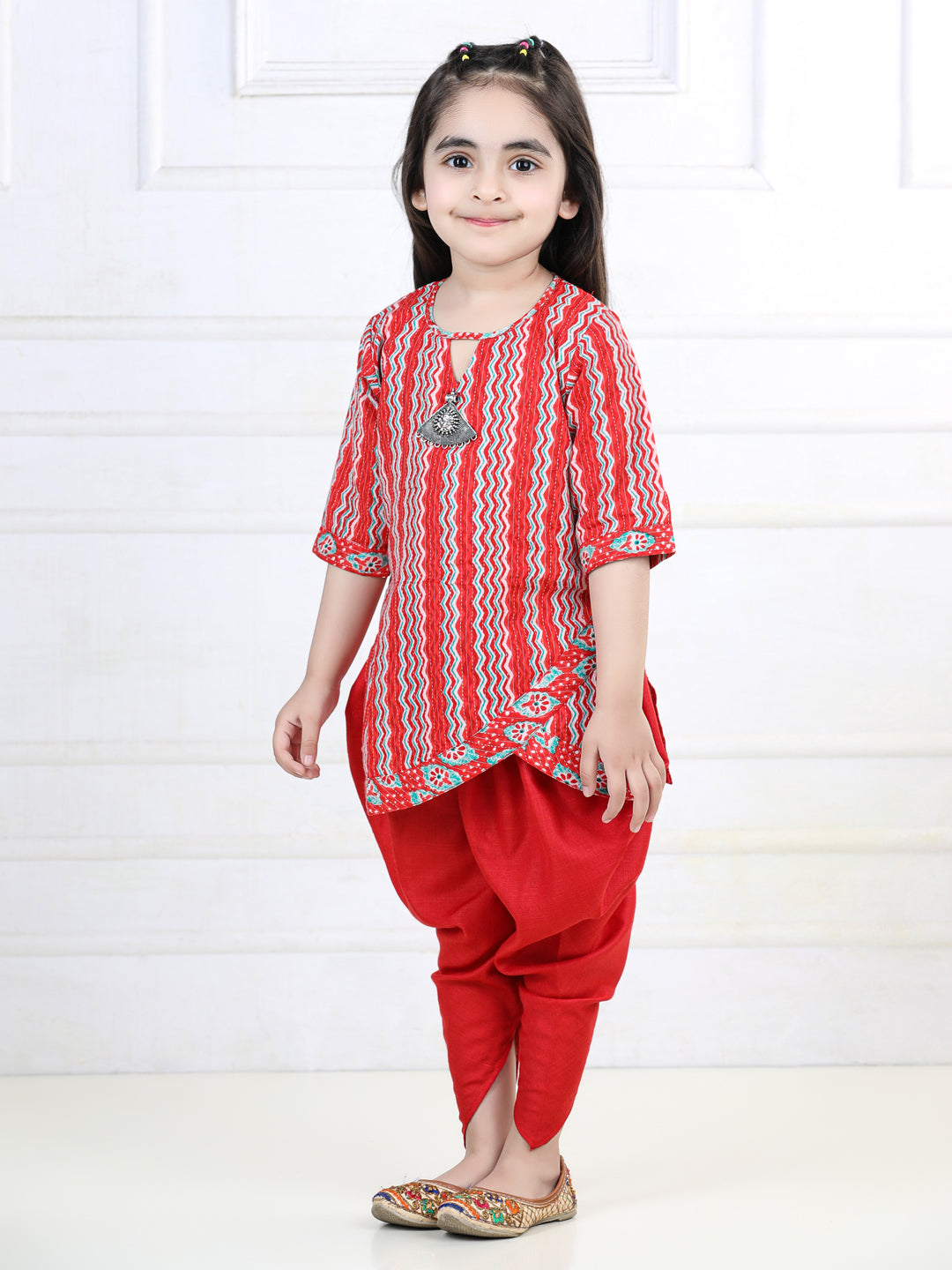 Red Katha Printed Kurta with Dhoti