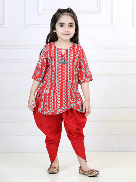 Red Katha Printed Kurta with Dhoti