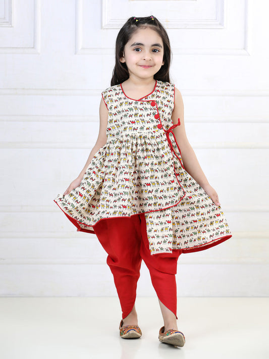 Camel Printed Kurta with Red Dhoti