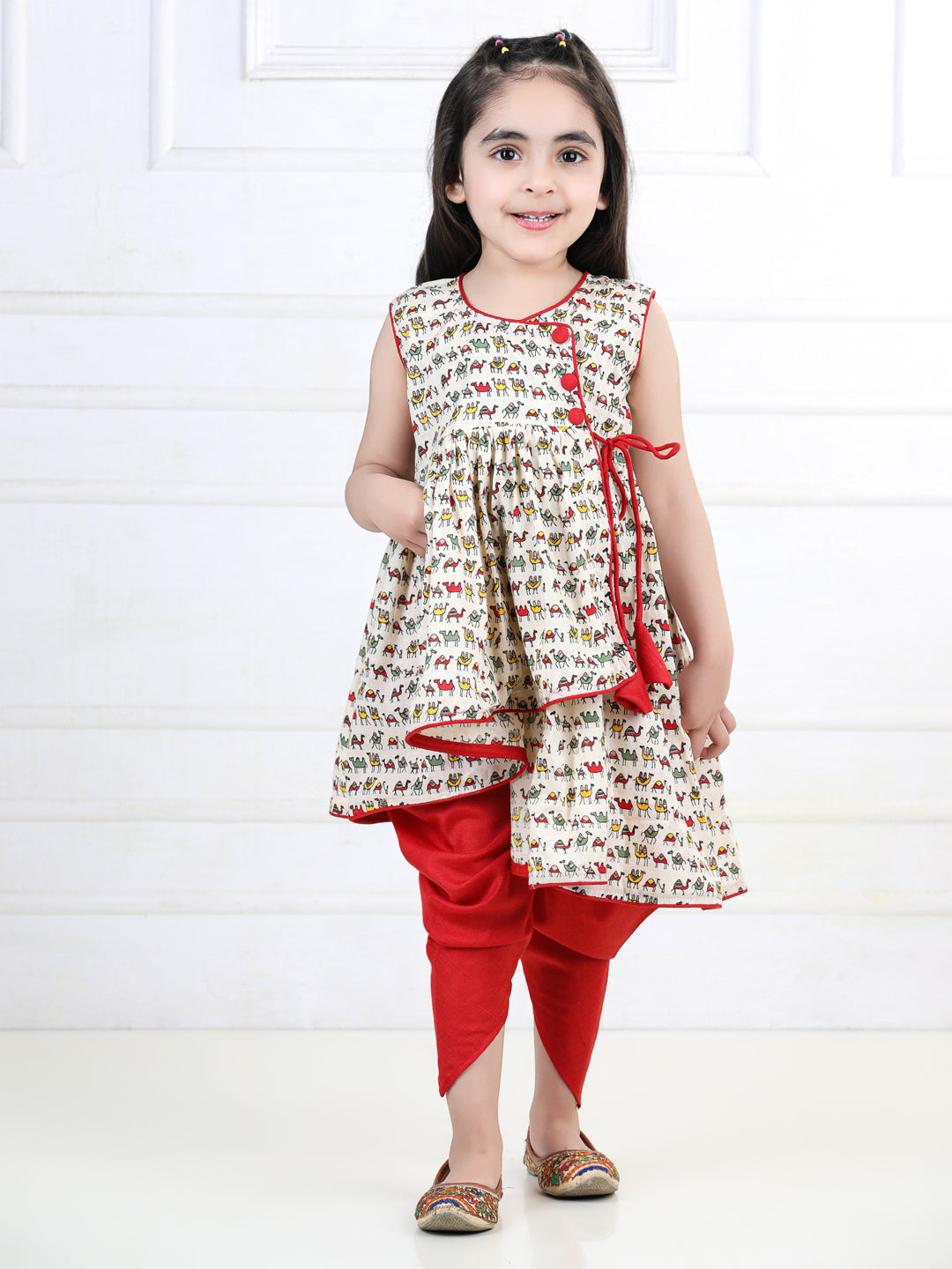 Camel Printed Kurta with Red Dhoti