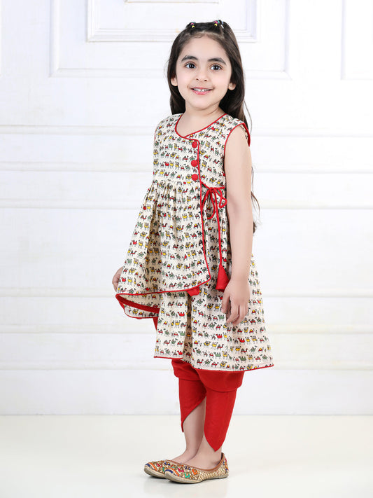 Camel Printed Kurta with Red Dhoti