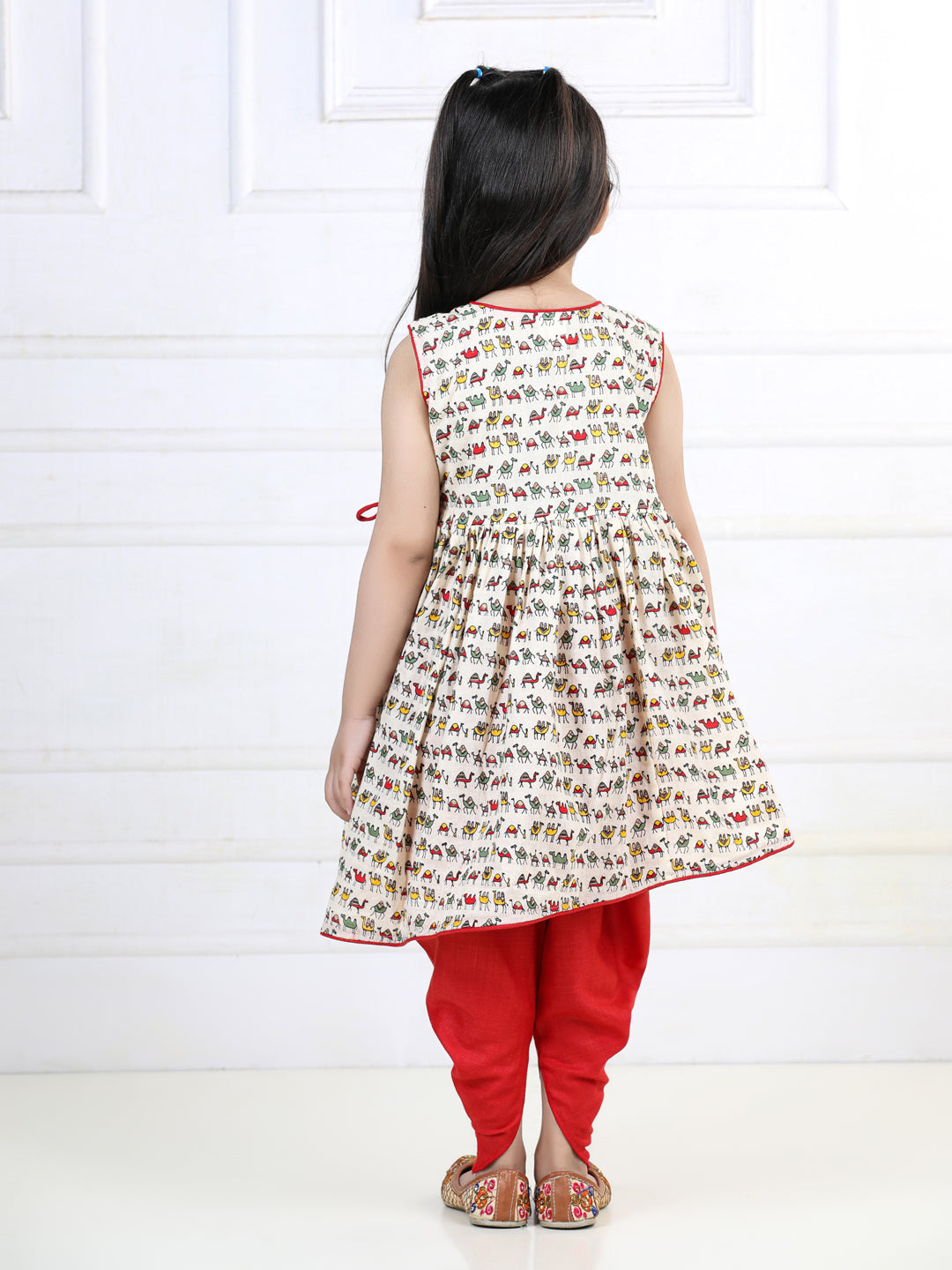 Camel Printed Kurta with Red Dhoti