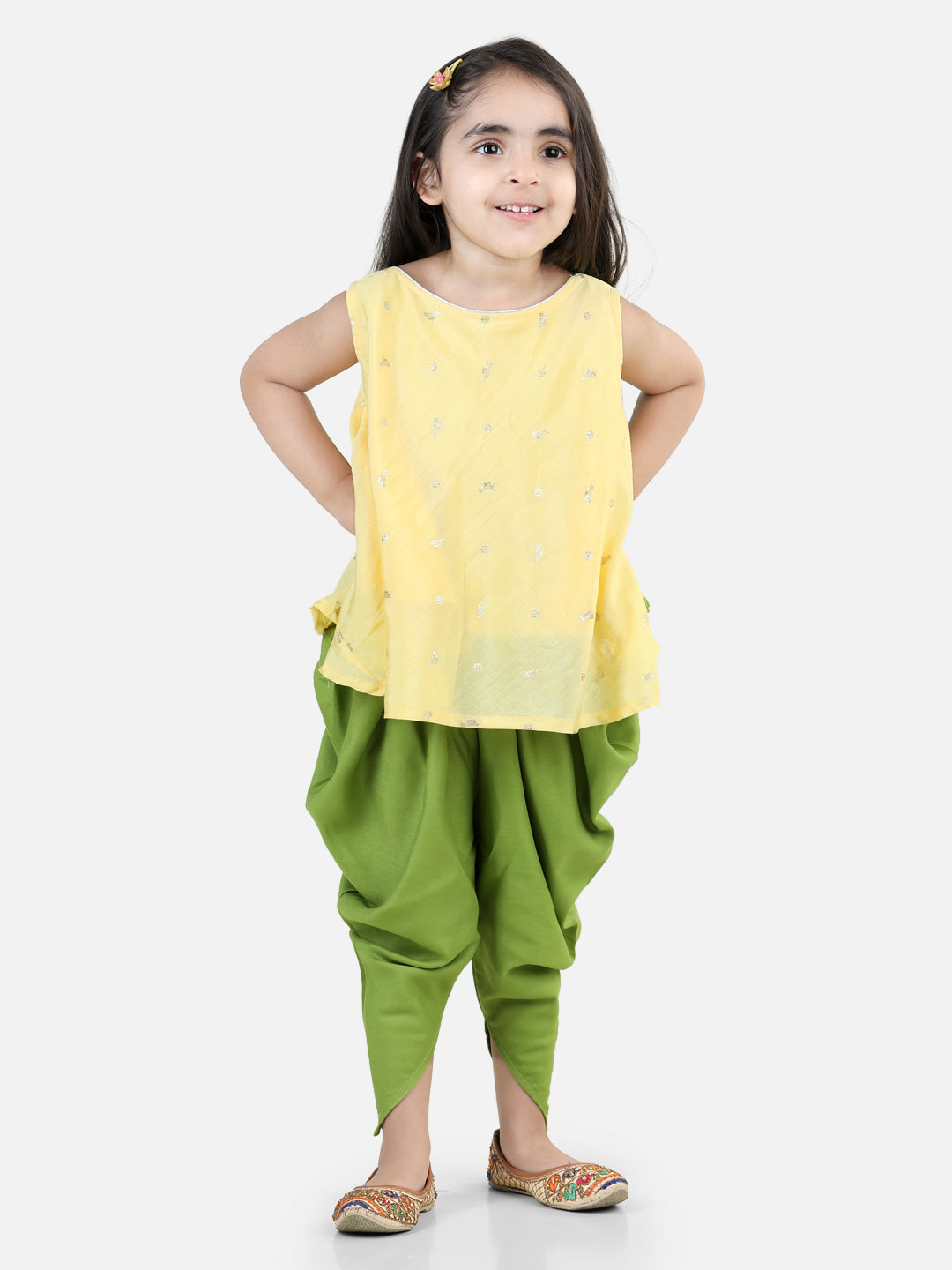 Yellow Self Design Jaquard peplum top with Green Dhoti