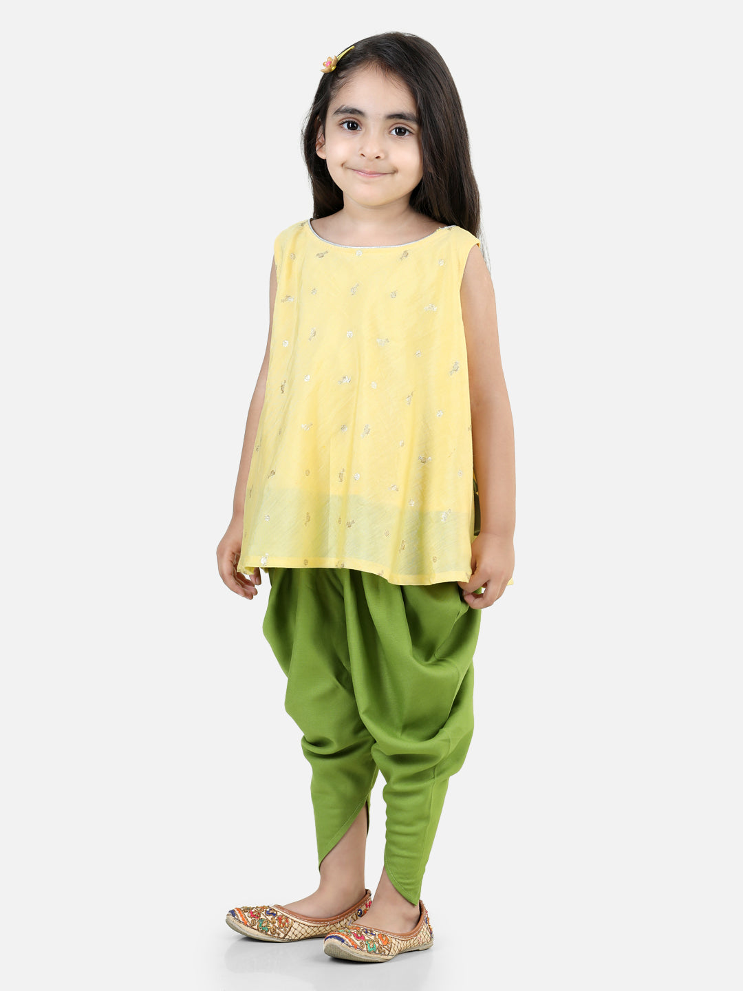 Yellow Self Design Jaquard peplum top with Green Dhoti