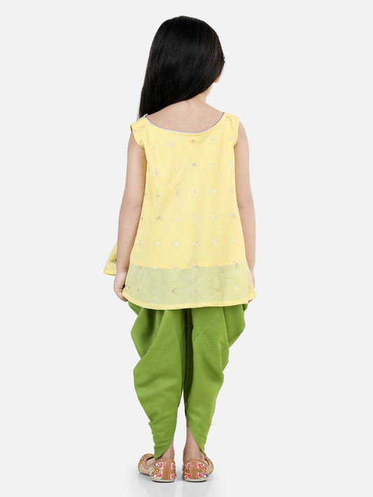 Yellow Self Design Jaquard peplum top with Green Dhoti