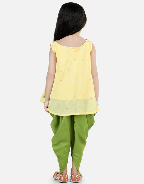 Yellow Self Design Jaquard peplum top with Green Dhoti