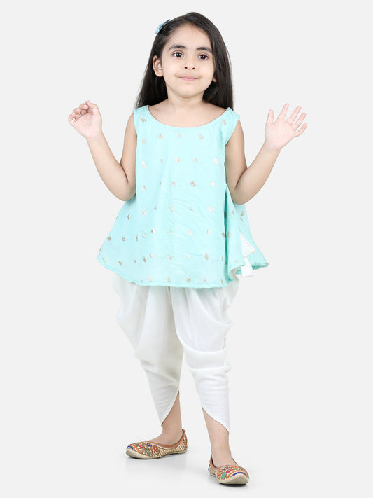 Blue Self Design Jaquard peplum top with White Dhoti