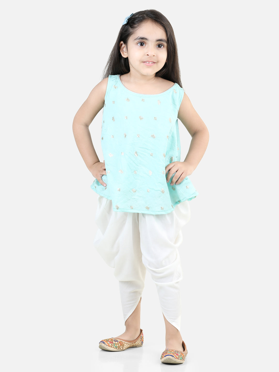 Blue Self Design Jaquard peplum top with White Dhoti