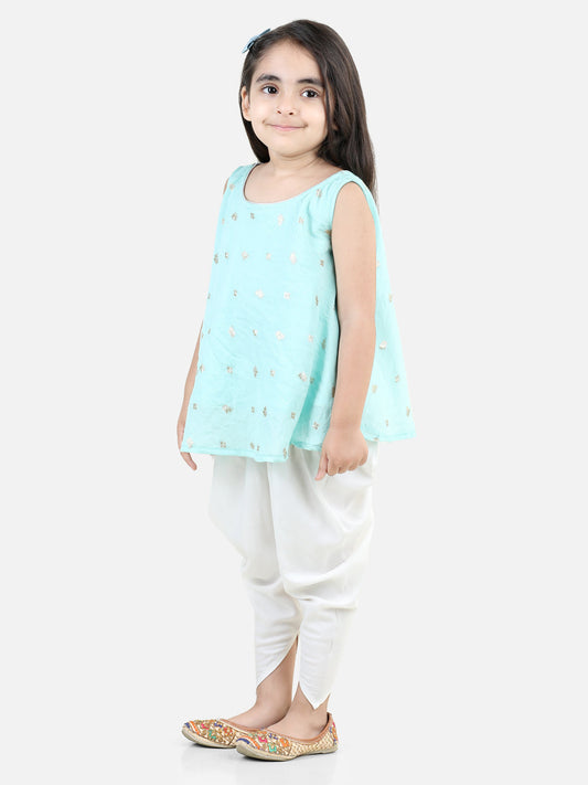 Blue Self Design Jaquard peplum top with White Dhoti