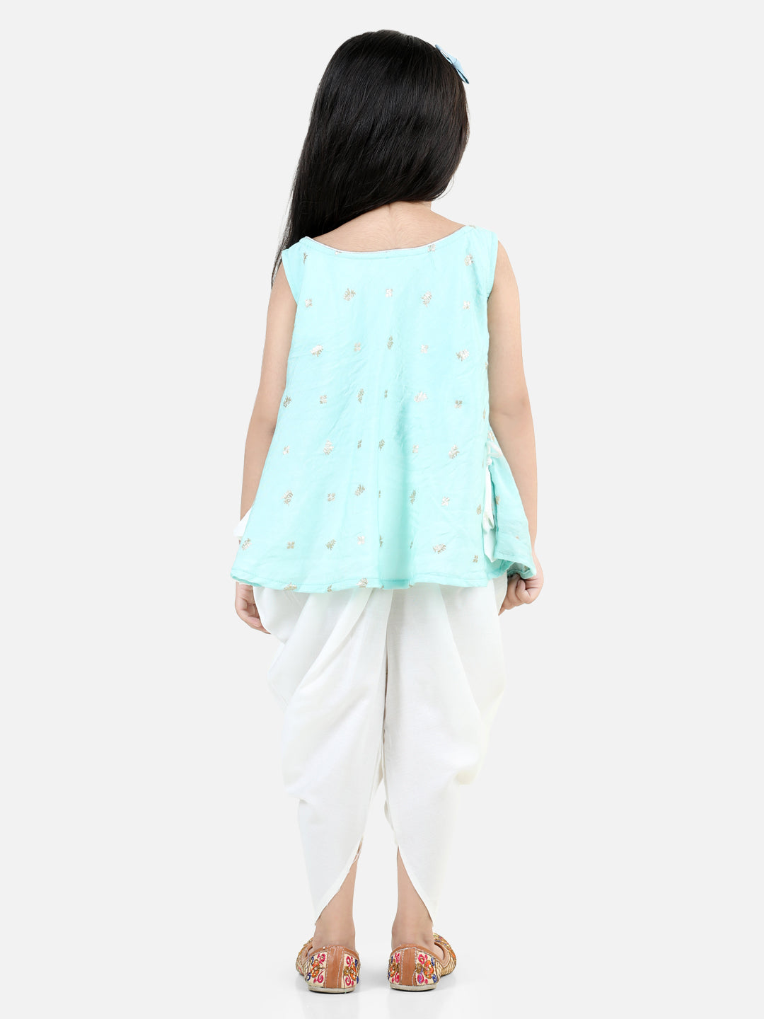 Blue Self Design Jaquard peplum top with White Dhoti
