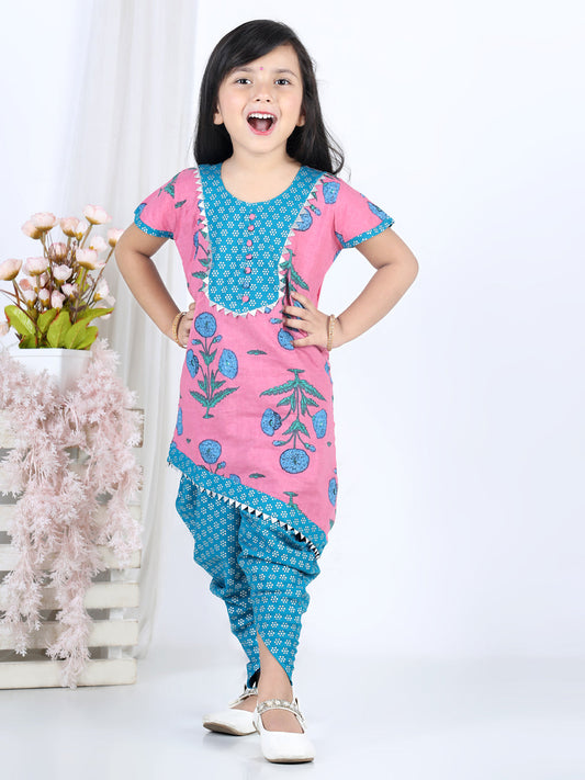 Short Sleeves Flower Print Kurti With Printed Dhoti Pants