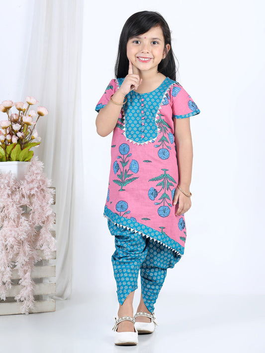 Short Sleeves Flower Print Kurti With Printed Dhoti Pants