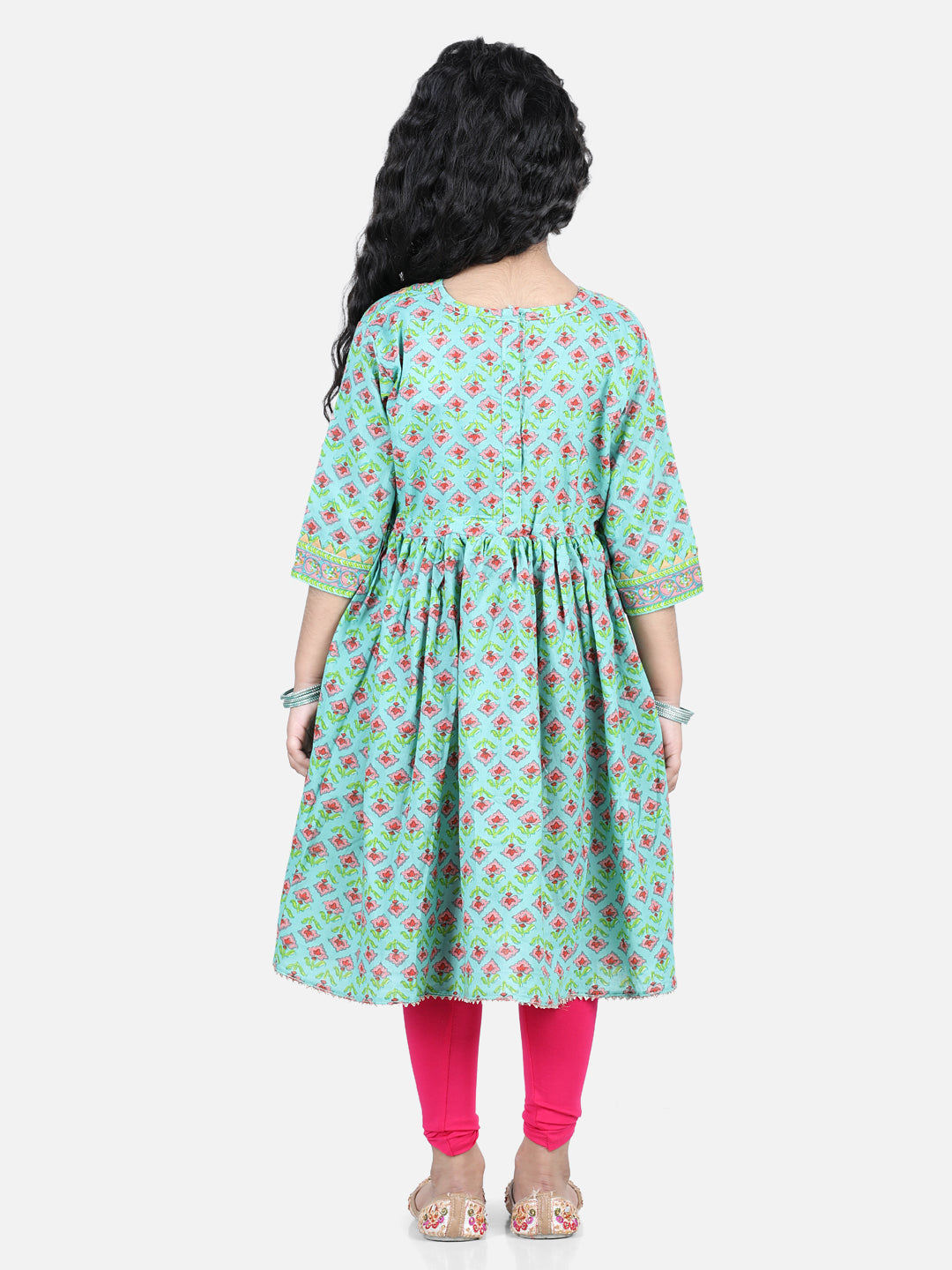 Green Floral Printed Fit & Flare Kurta With Pink Leggings