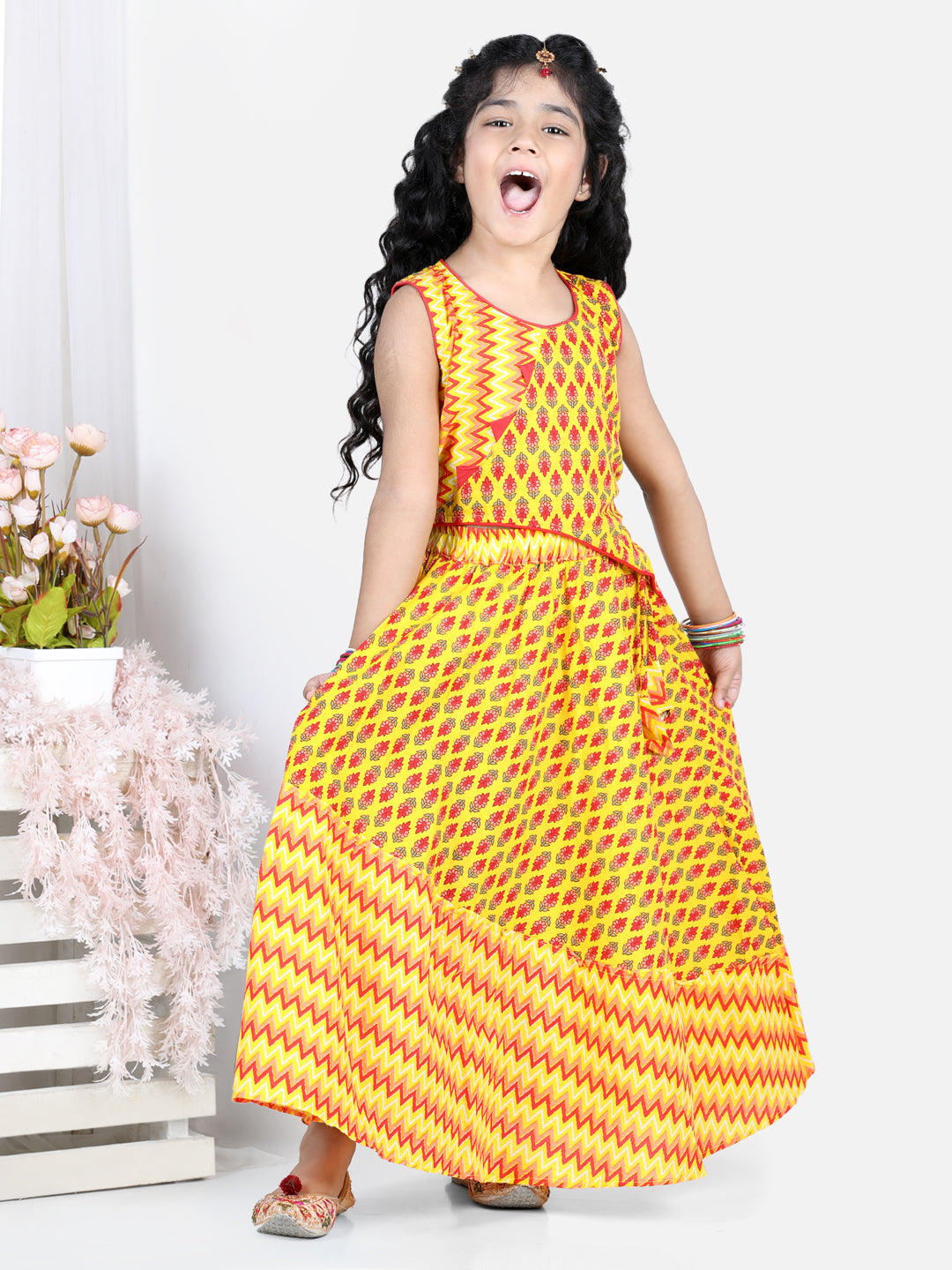 Yellow Floral Motif Printed Choli With Coordinating Chevron Detailed Leehenga