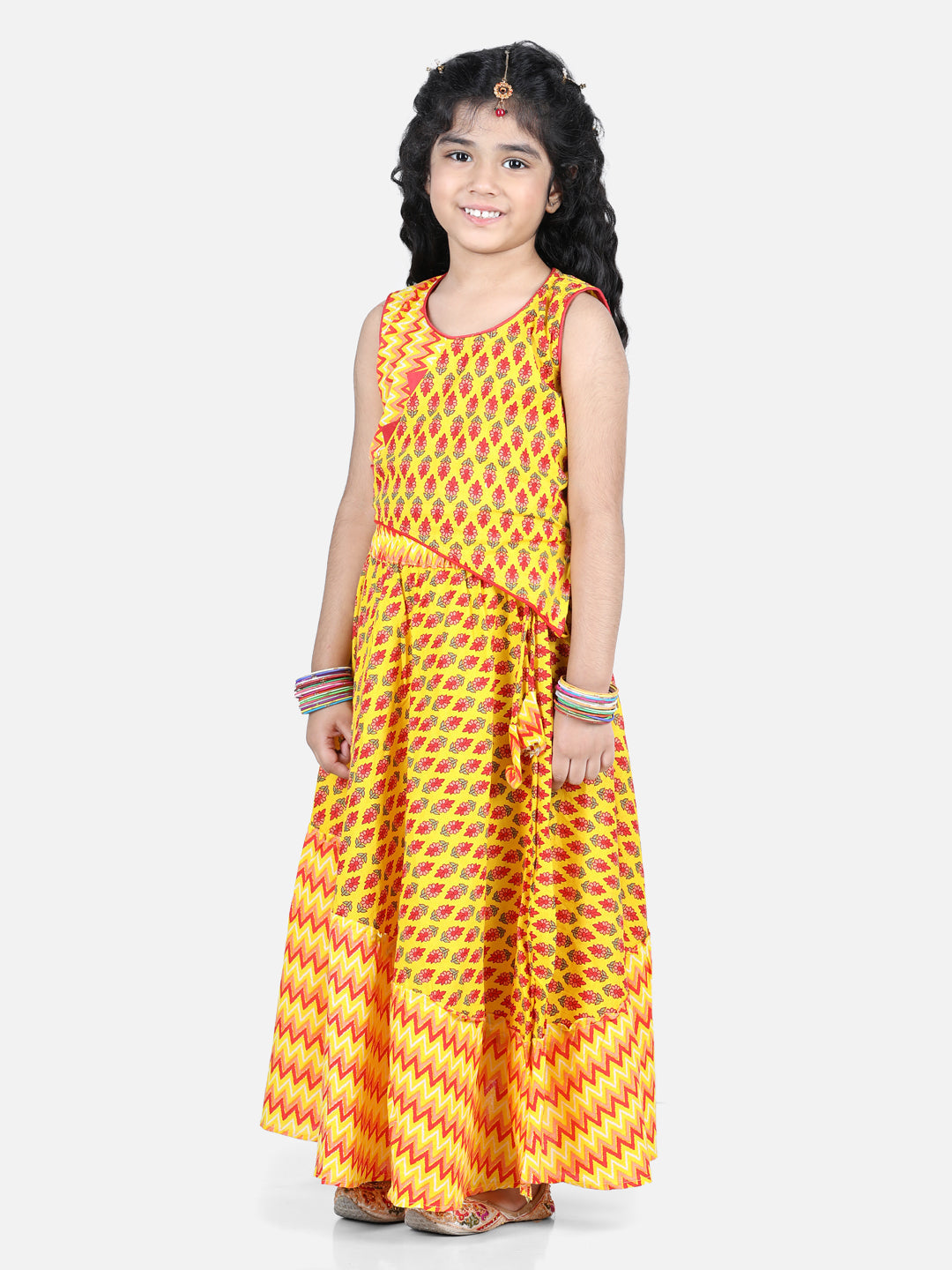 Yellow Floral Motif Printed Choli With Coordinating Chevron Detailed Leehenga