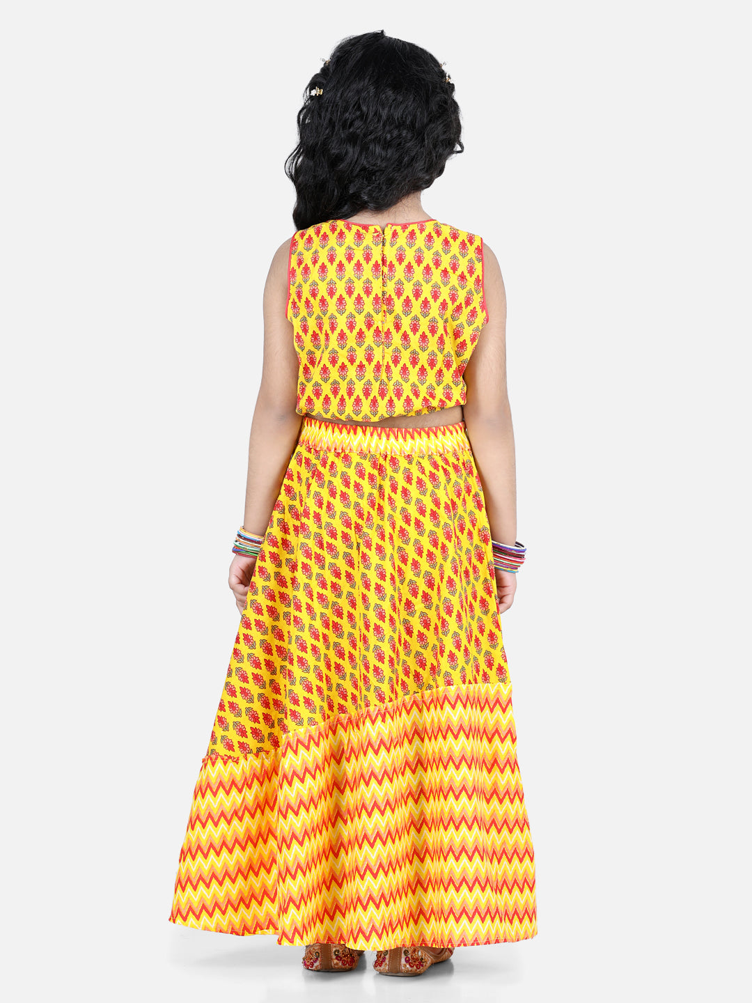 Yellow Floral Motif Printed Choli With Coordinating Chevron Detailed Leehenga