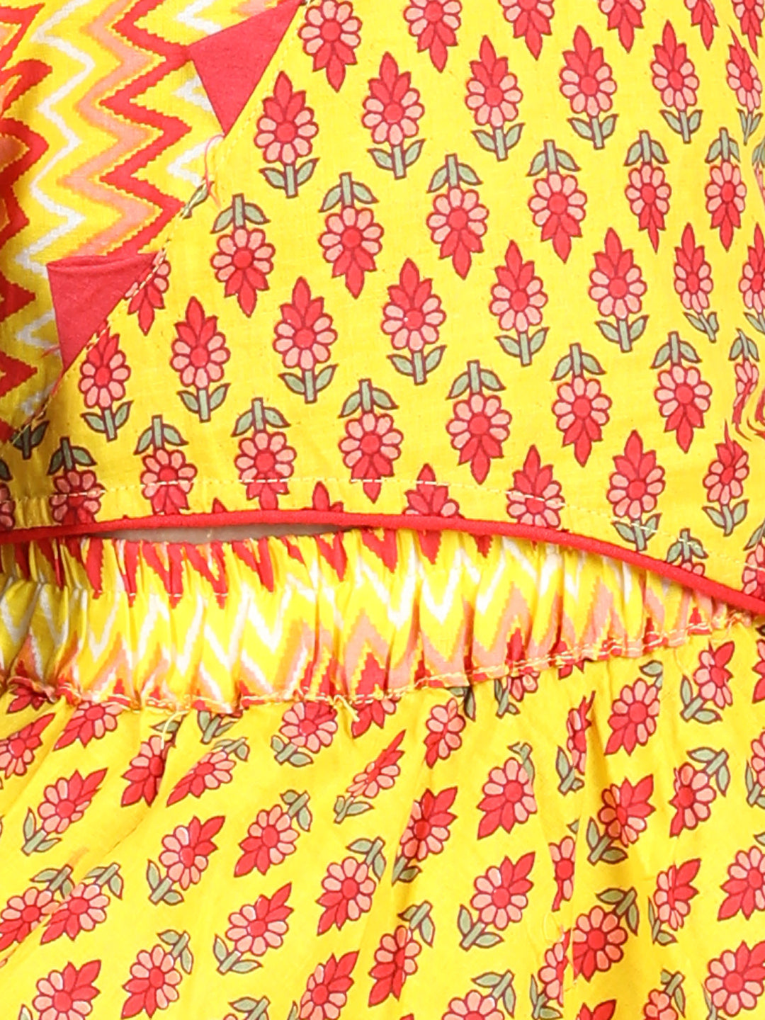Yellow Floral Motif Printed Choli With Coordinating Chevron Detailed Leehenga