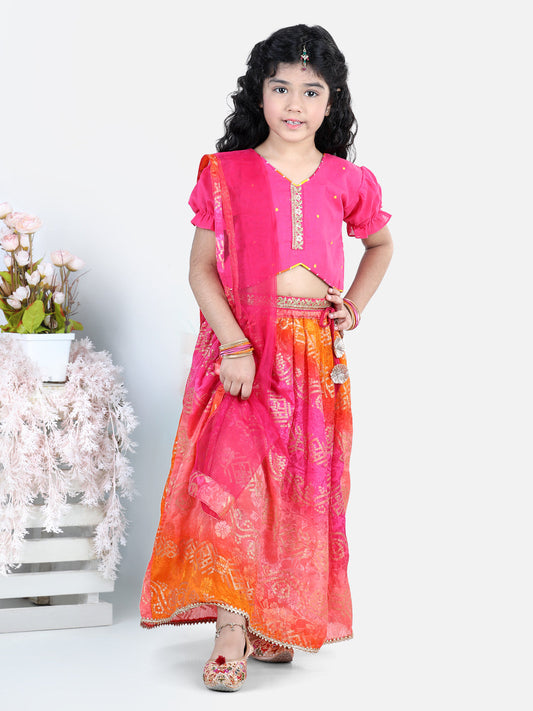 Pink embroidered Top with bhandhani Lehenga and dupatta