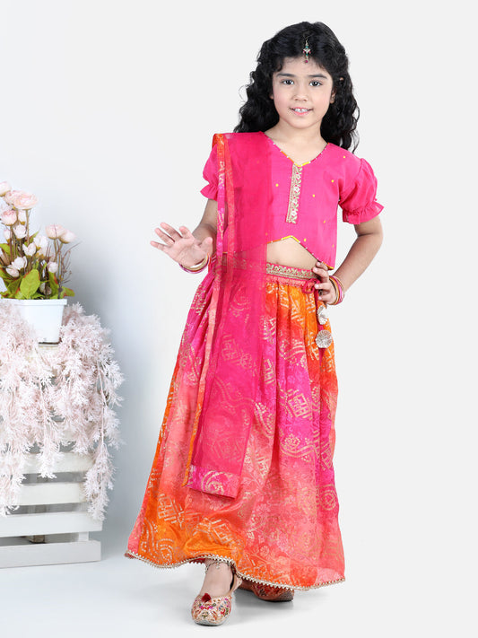 Pink embroidered Top with bhandhani Lehenga and dupatta
