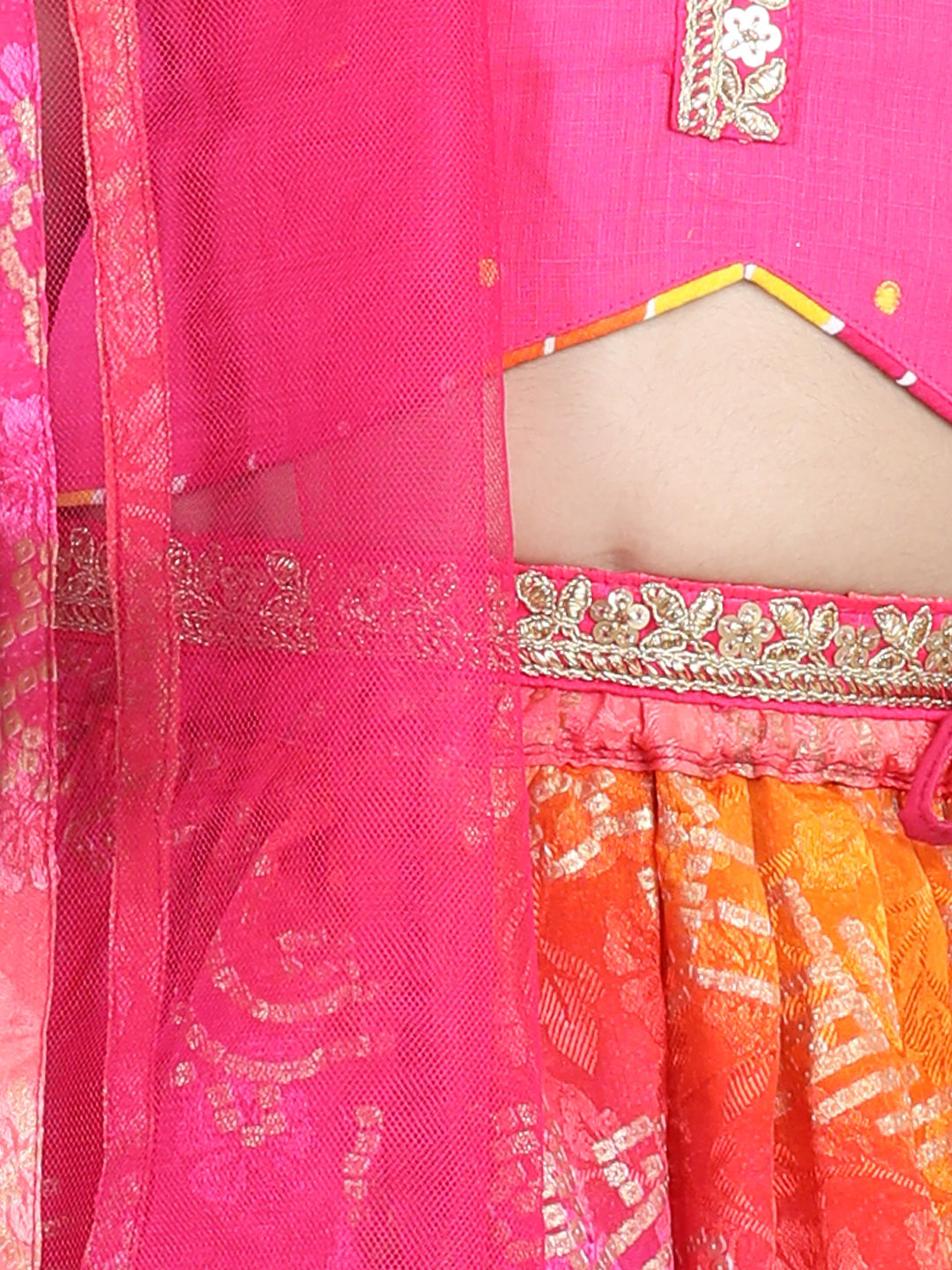Pink embroidered Top with bhandhani Lehenga and dupatta