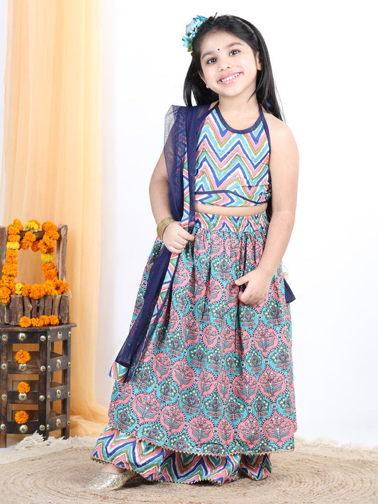 Floral Printed Stripped Bottom Work Skirt & Blouse With Dupatta