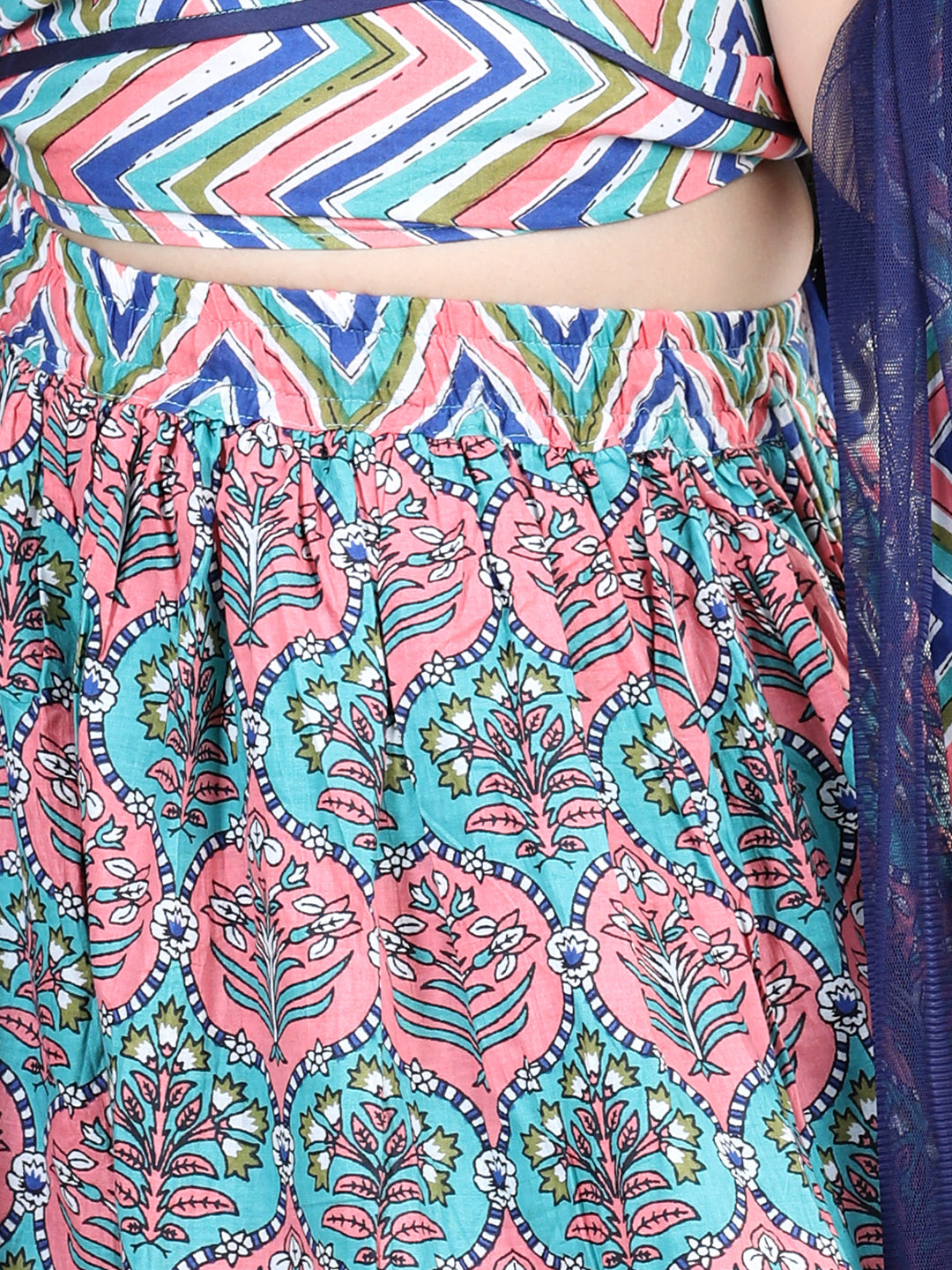 Floral Printed Stripped Bottom Work Skirt & Blouse With Dupatta